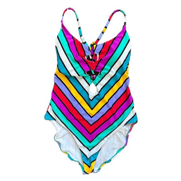 NWT Red Carter Colorful Adjustable Striped One Piece Open Back Swimsuit L US 10 - Picture 1 of 11